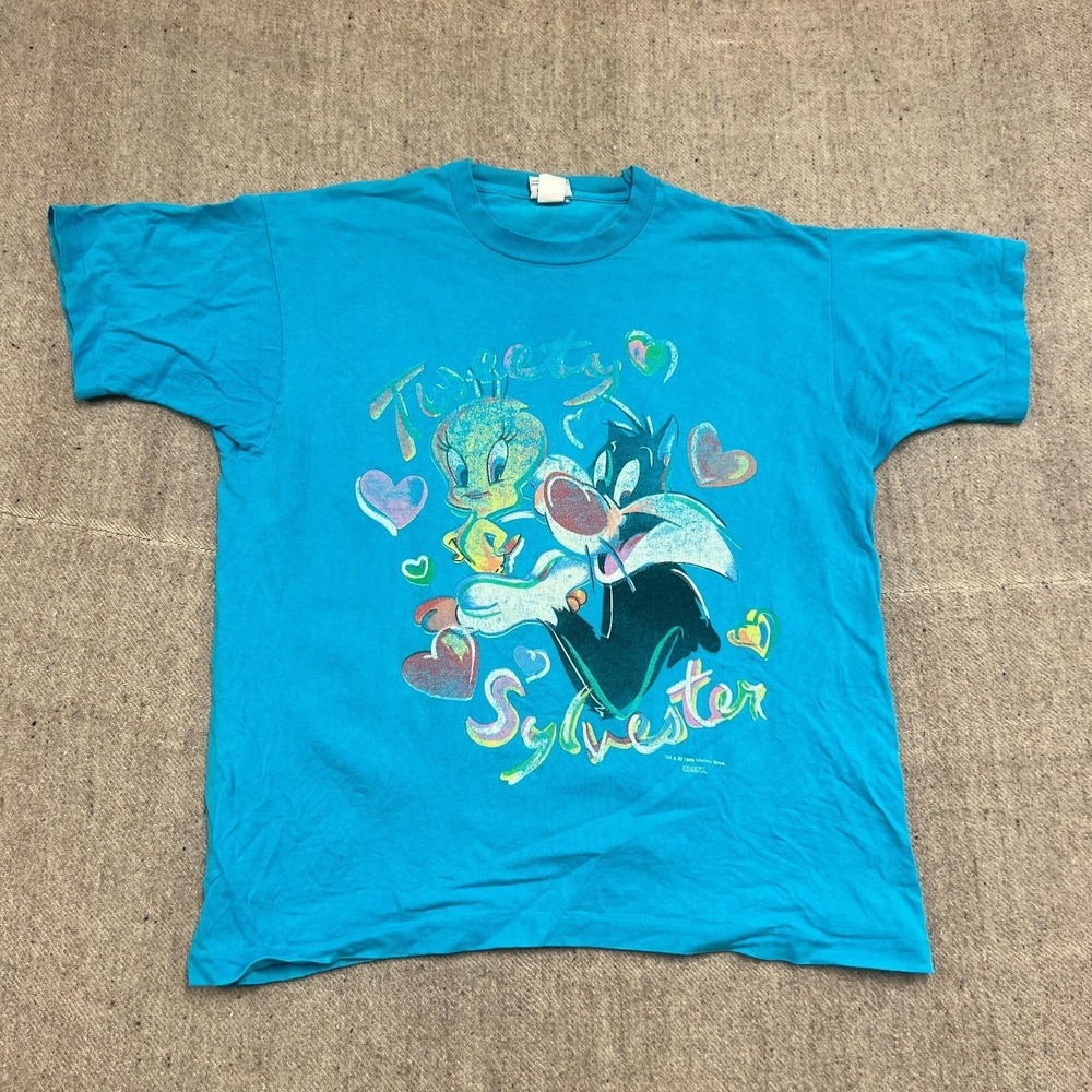 Vintage Looney Tunes Shirt Mens XL‎ Blue 1990s Sylvester The Cat Tweety Bird